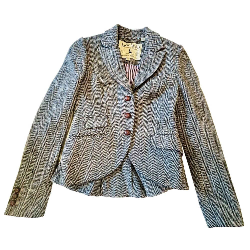 Jack Wills Tweed Jacket Women's SZ US 2 Brown Grey Herringbone